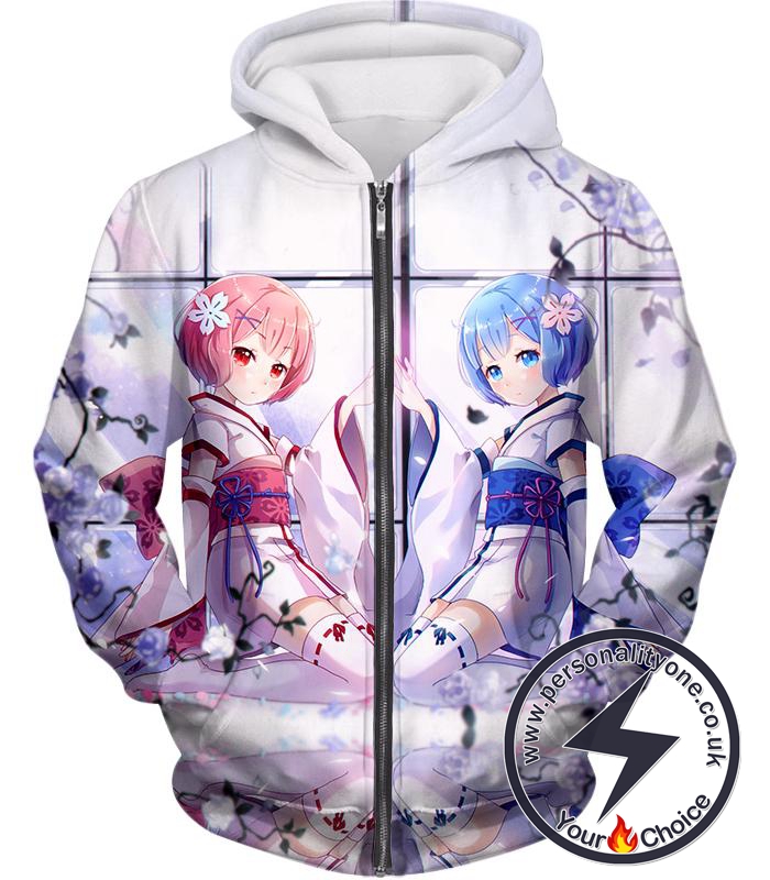 Re:Zero Cute Anime Girl Twins Rem and Ram White Zip Up Hoodie